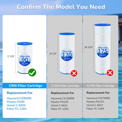 Future Way C900 pool filter cartridge with measurement details