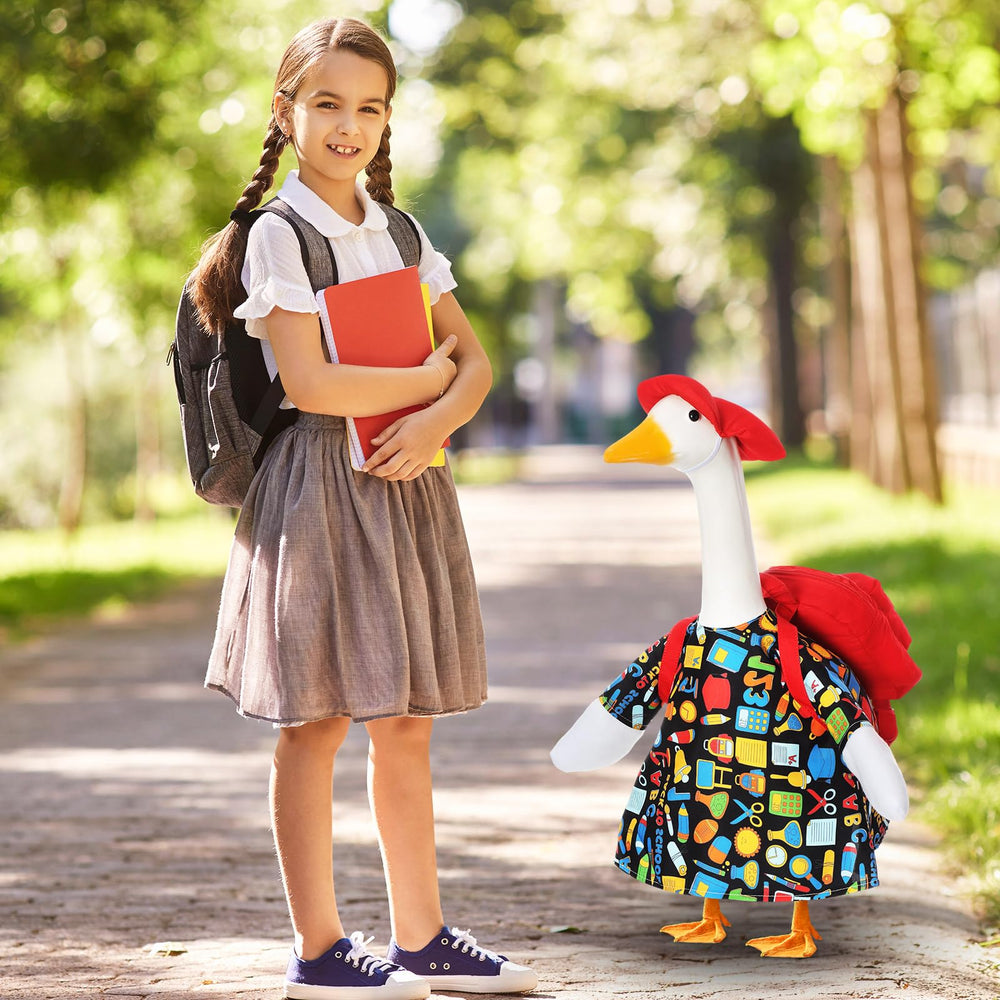 FuWeave Back to School Goose Outfit displayed on a 23-inch lawn goose