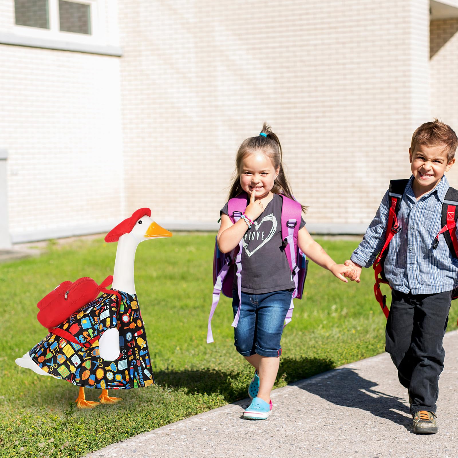 FuWeave Back to School Goose Outfit in a garden setting