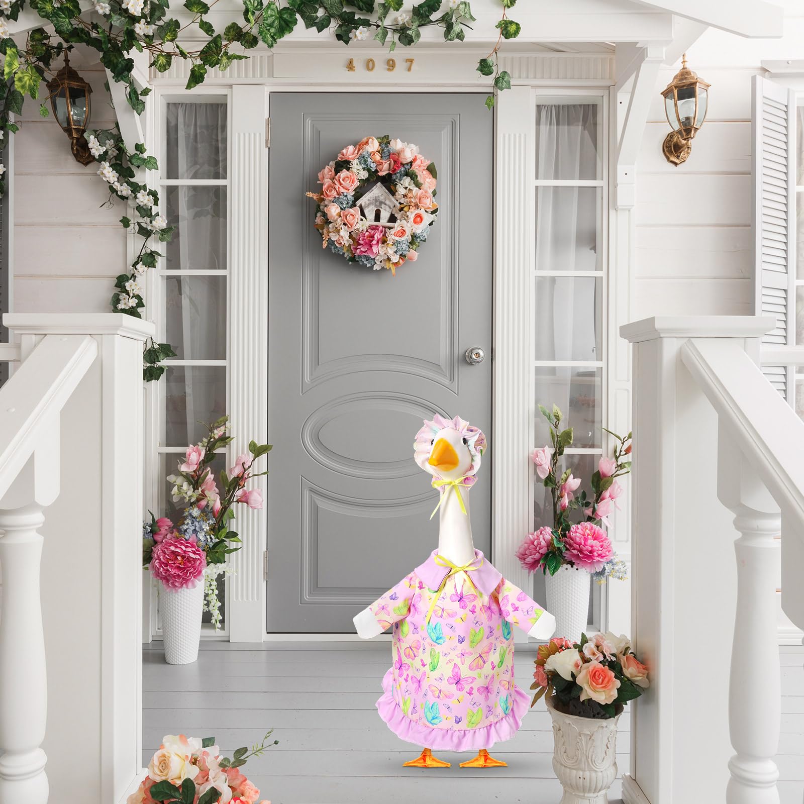 FuWeave Butterfly Goose Outfit on a 23-inch lawn goose