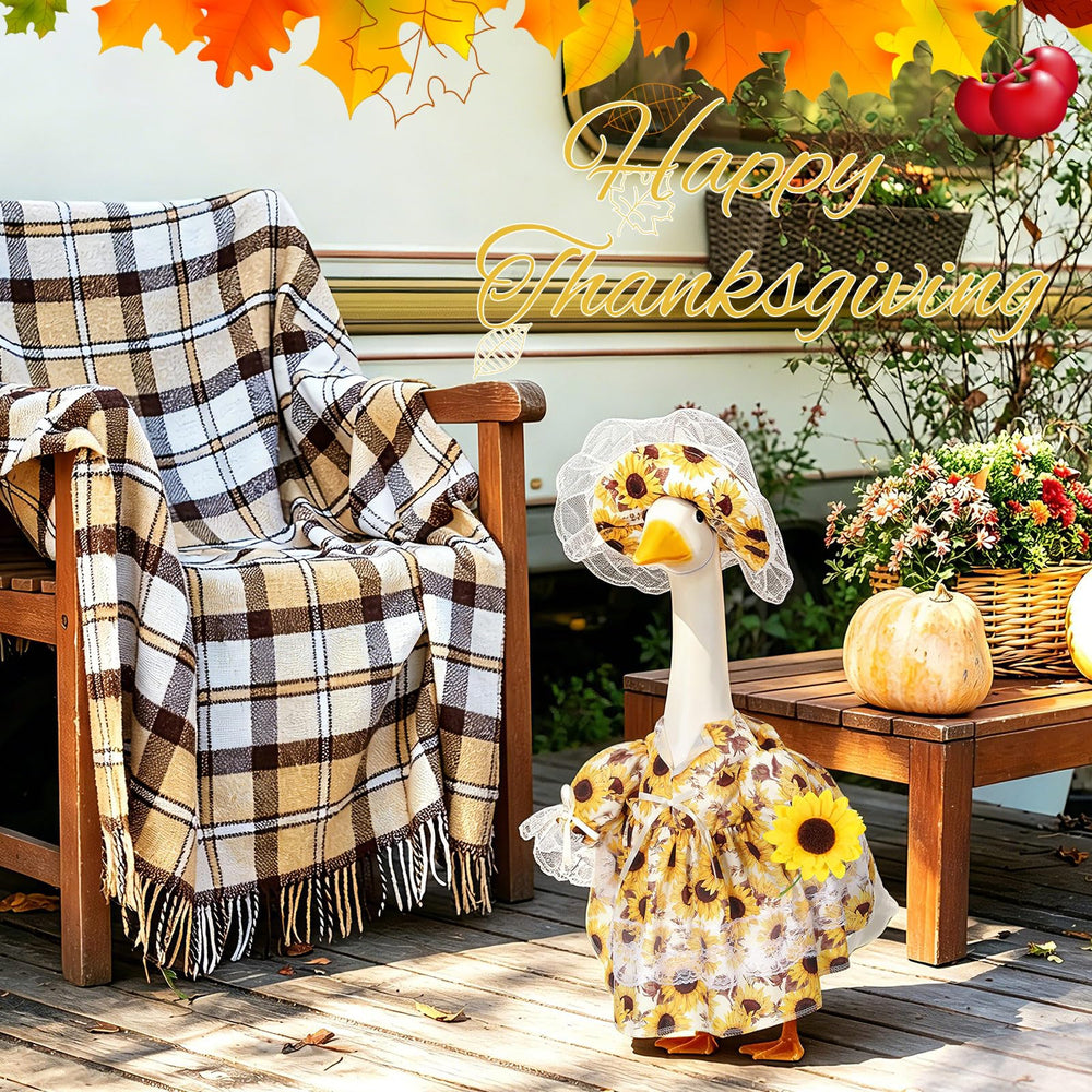FuWeave Fall Goose Outfit displayed on a porch goose statue