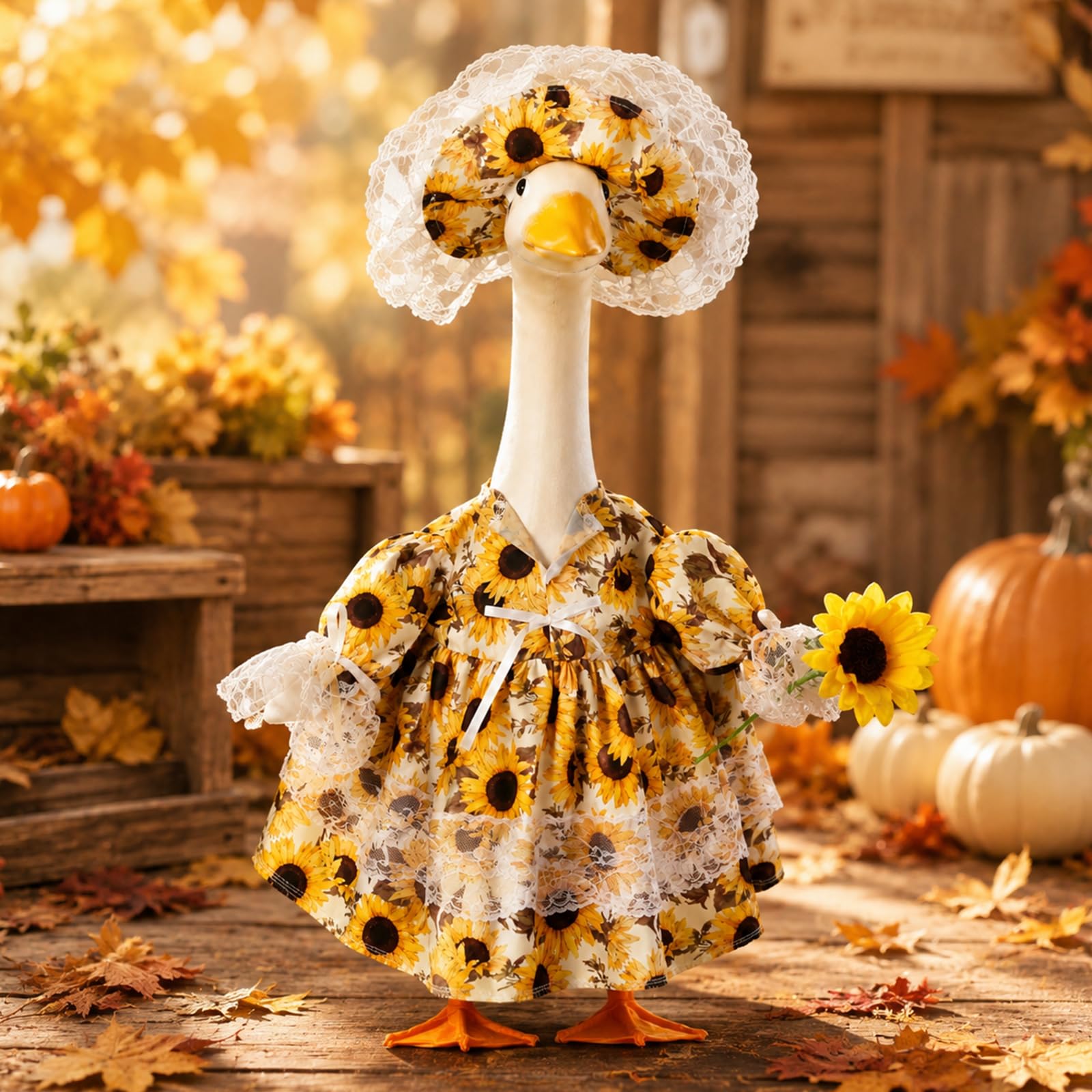 FuWeave Fall Goose Outfit with sunflower hat and bow front view