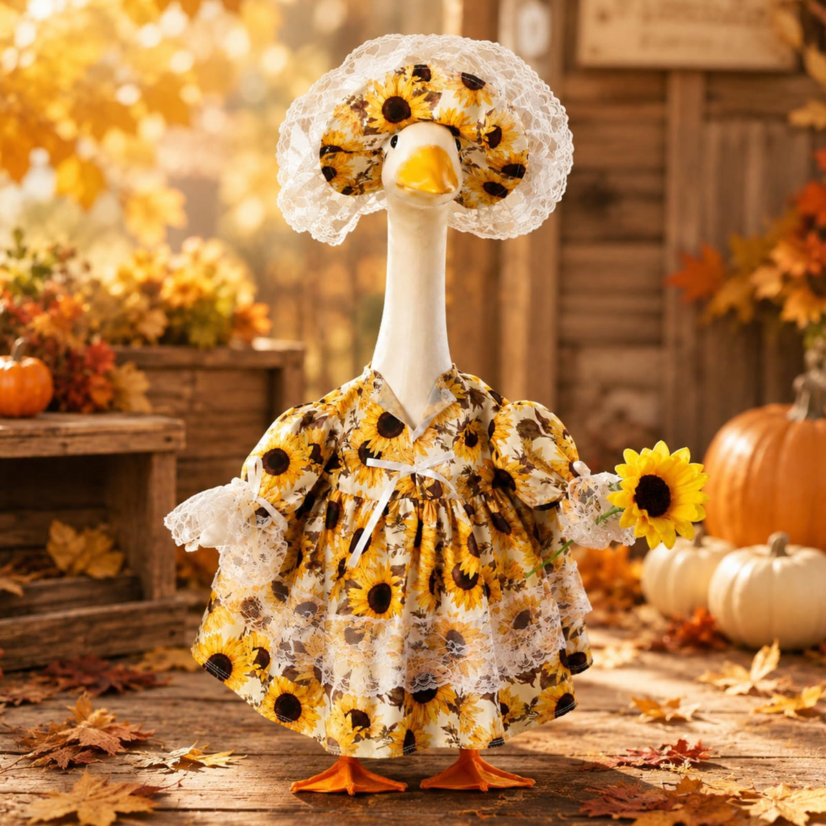FuWeave Fall Goose Outfit with sunflower hat and bow front view