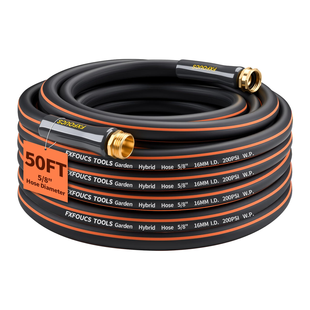 FXFOUCS 50ft heavy-duty garden hose, black color front view