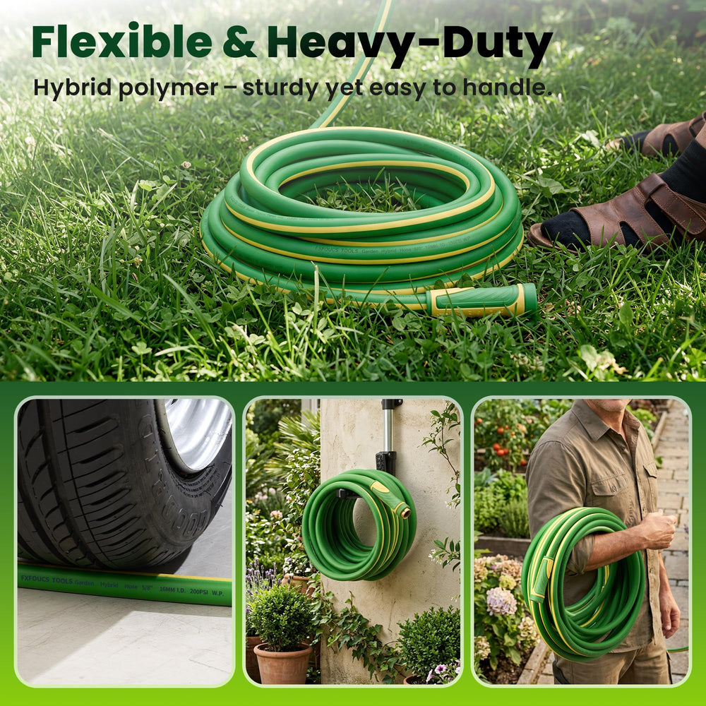FXFOUCS garden hose displayed with other gardening tools