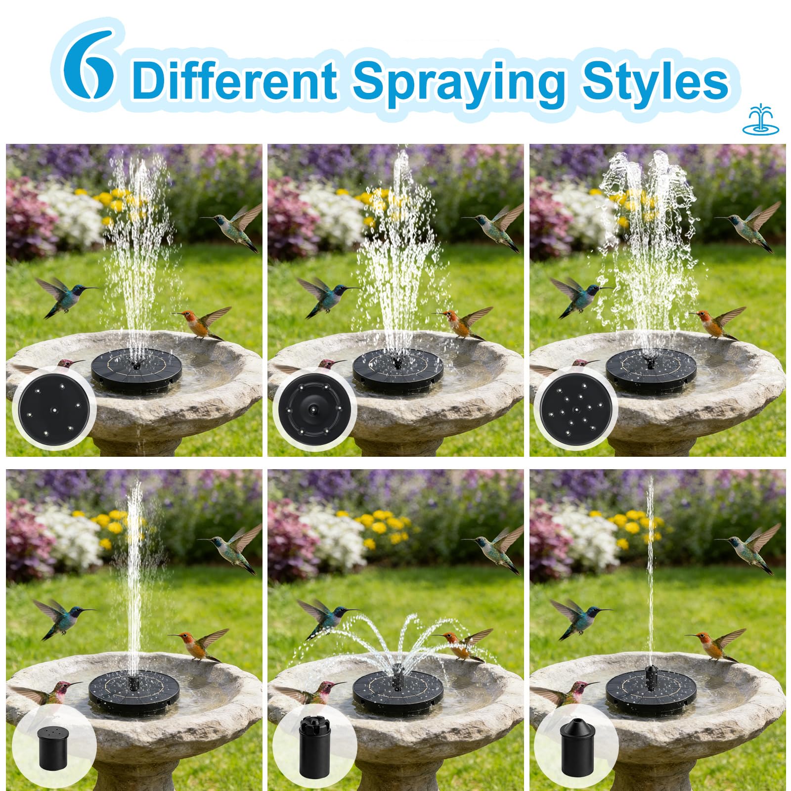 FYDGTPI solar fountain with 6 interchangeable nozzles