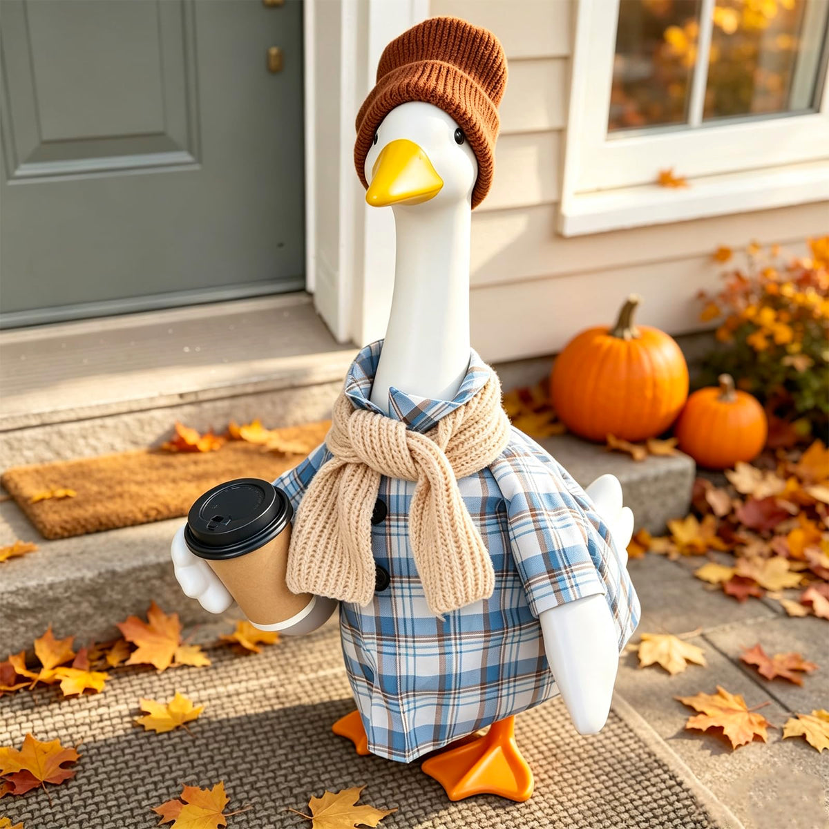 FYSUIMU Fall Goose Outfit Costume Set including plaid shirt, scarf, hat, and coffee cup