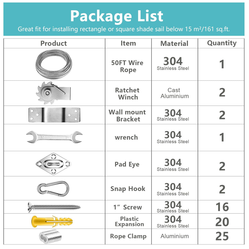 FZENeast Shade Sail Hardware Kit installation setup with stainless steel