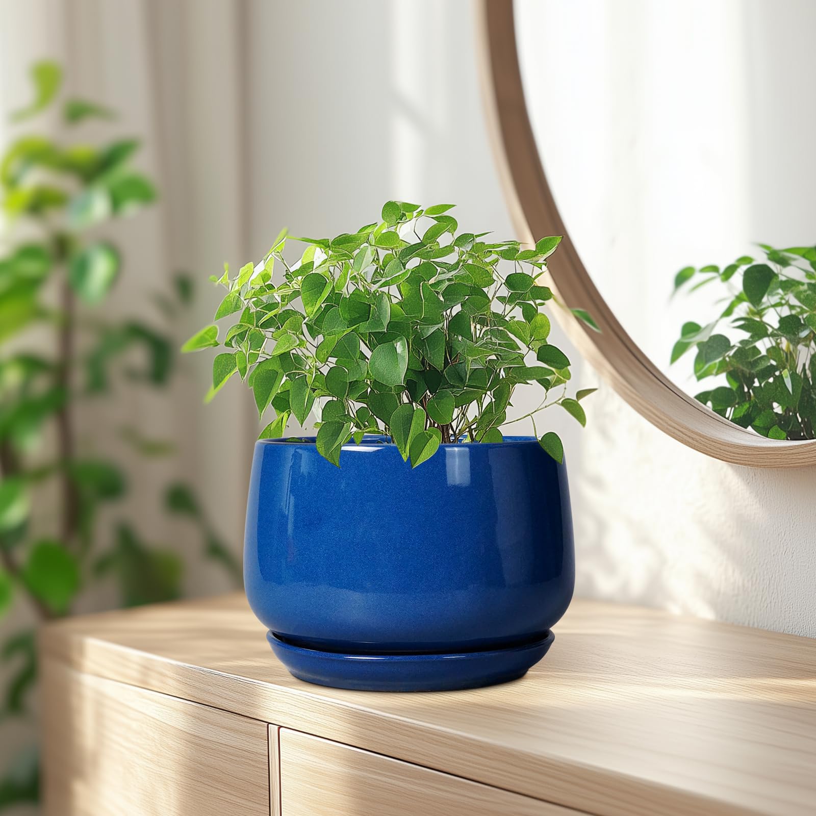 G EPGardening Blue Ceramic Pot with integrated bottom saucer