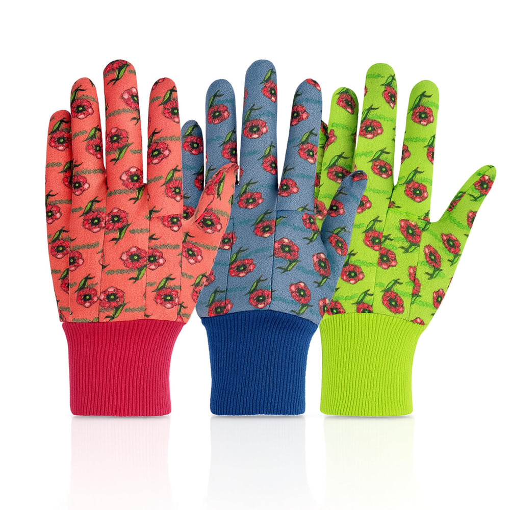 G & F Products Kids Garden Gloves in red, blue, and green
