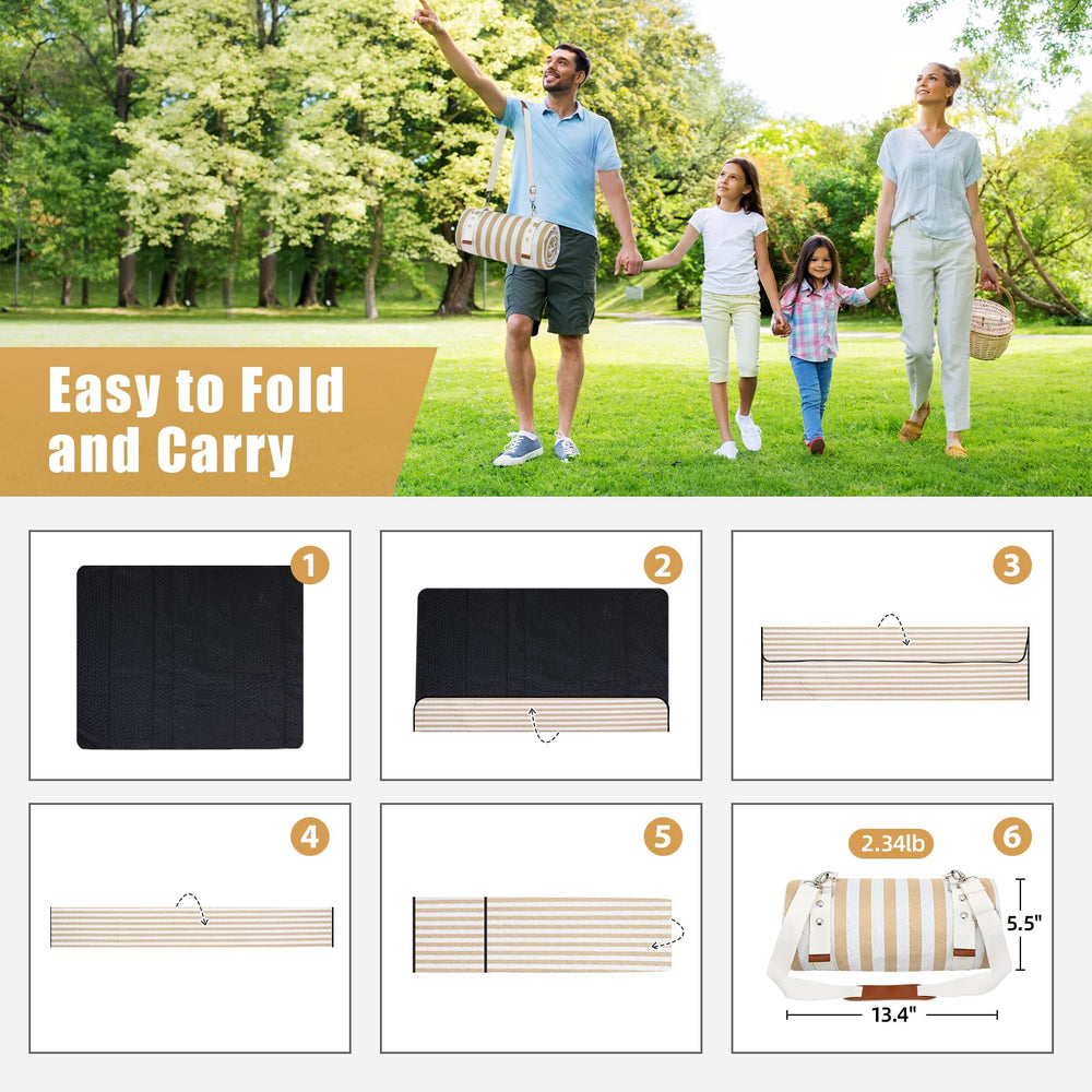 G GOOD GAIN Picnic Blanket held by a person with padded shoulder strap