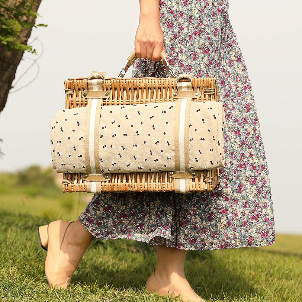 G GOOD GAIN wicker picnic basket featuring cherry print design
