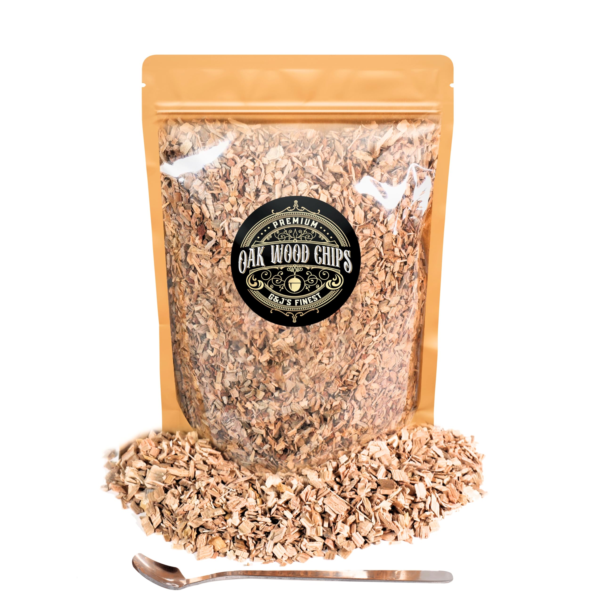 G & J's Finest Oak Wood Chips 5oz bag with spoon