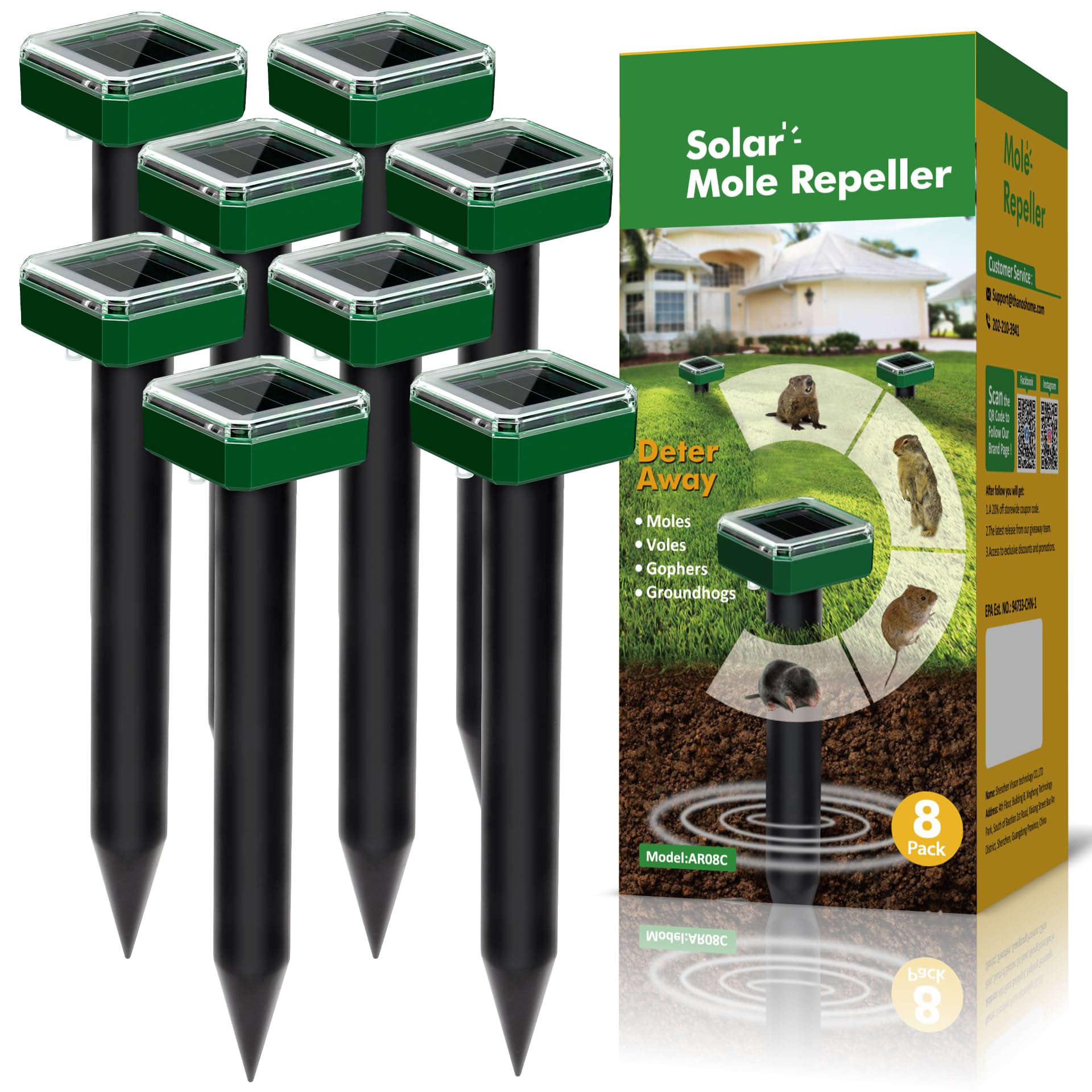 G-Jyuncyou Solar Mole Repellent 8 Pack Green Stake