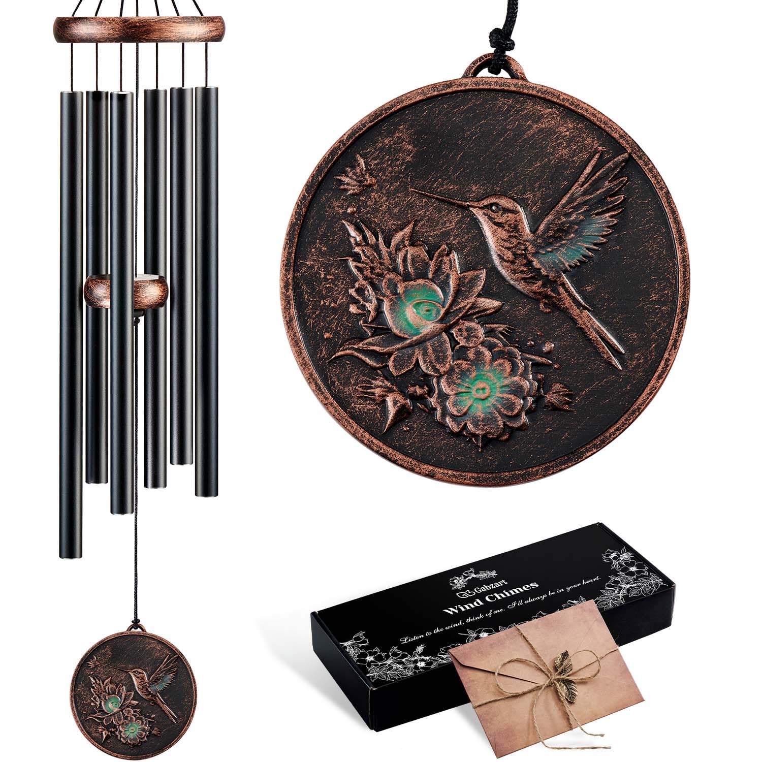 Gabzart 32-inch hummingbird wind chimes in black color, front view