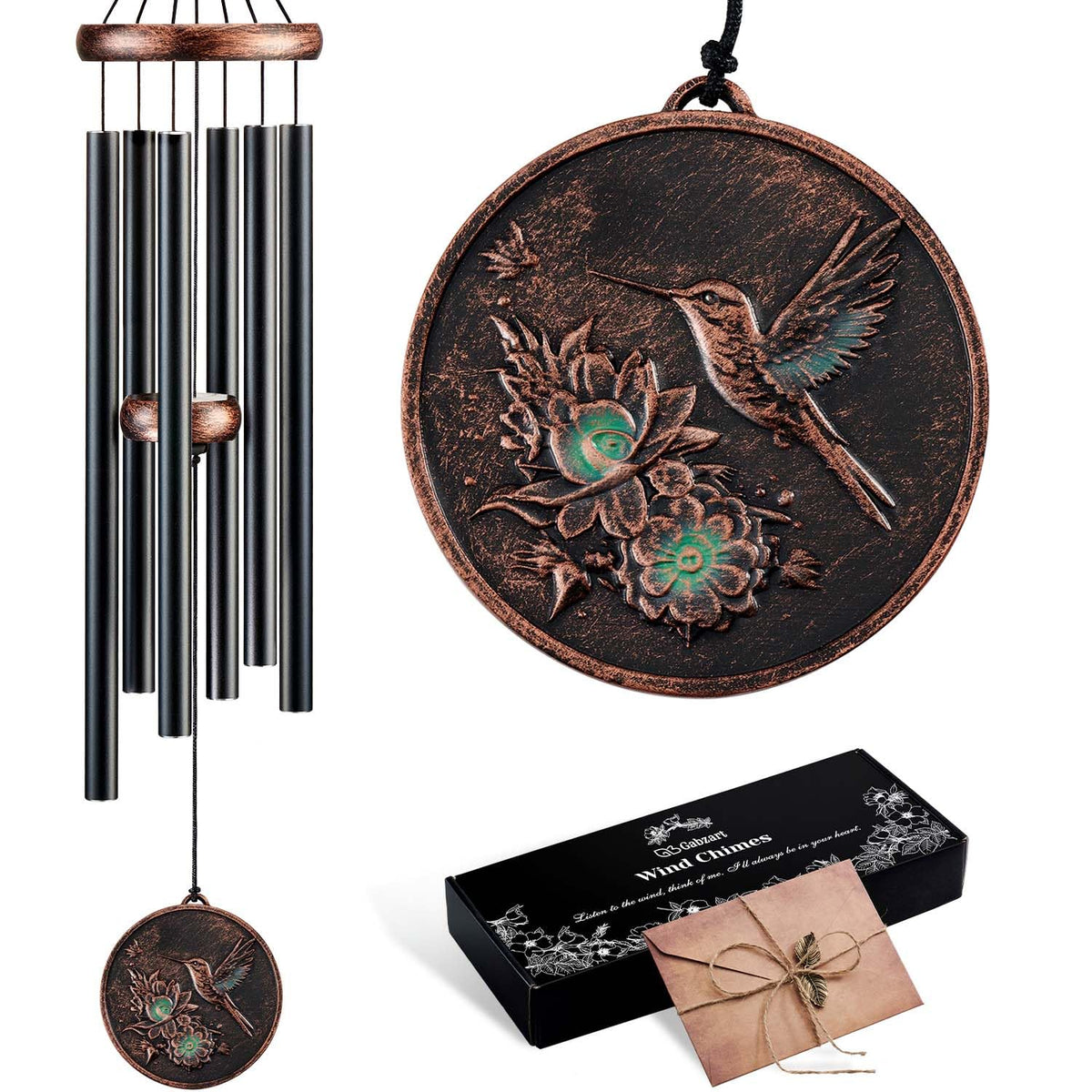 Gabzart 32-inch hummingbird wind chimes in black color, front view