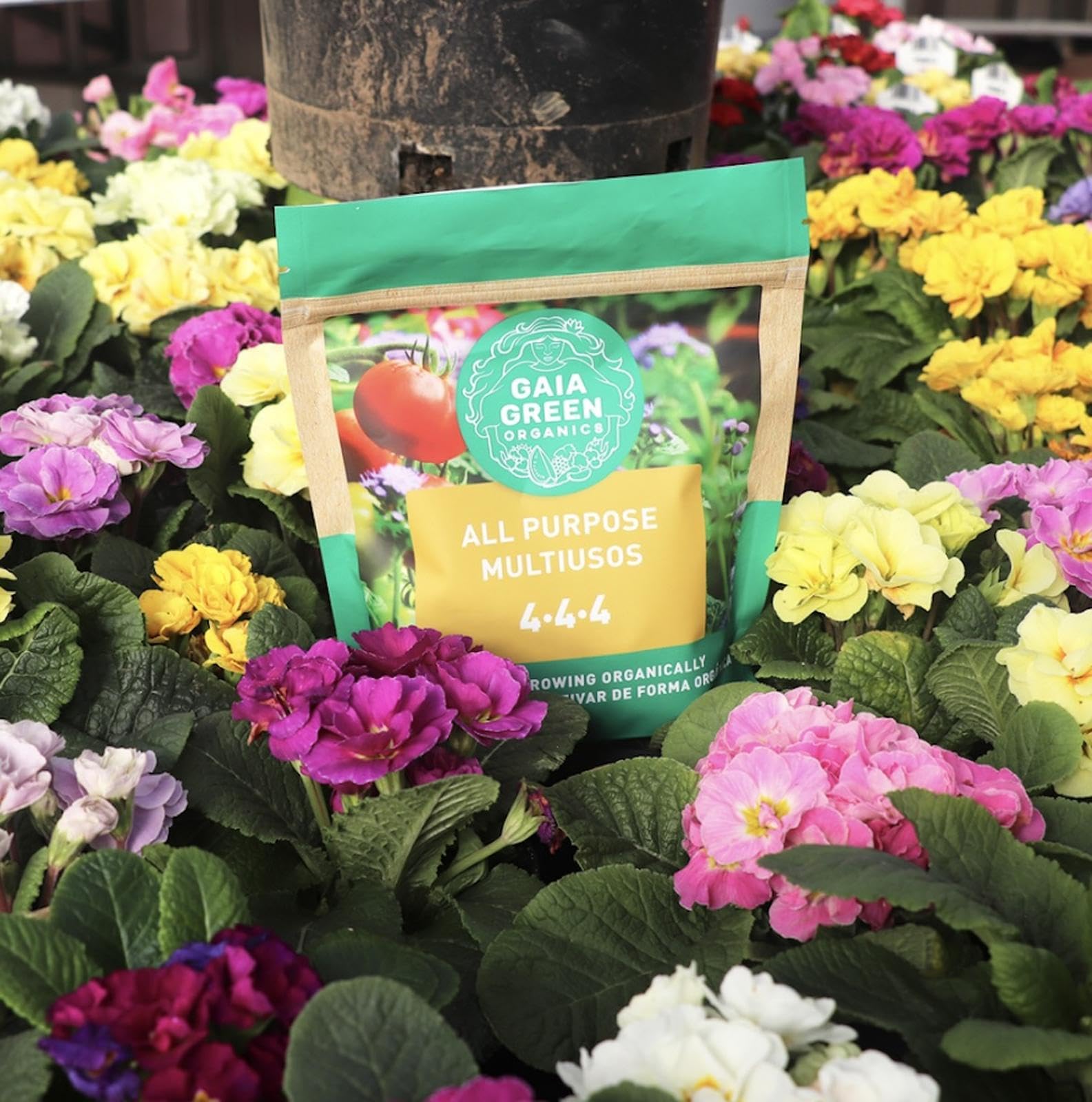 Gaia Green Organic 4-4-4 Fertilizer packaging with dimensions
