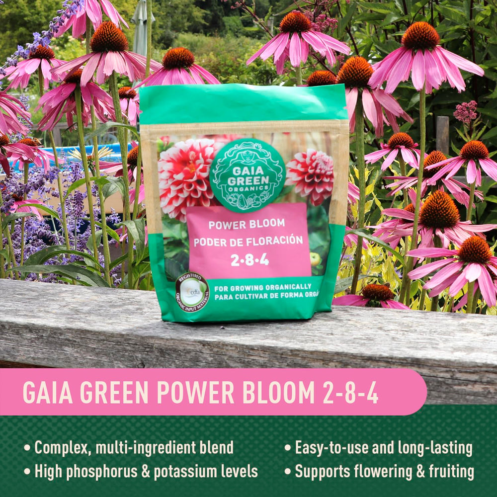 Gaia Green Power Bloom Organic Fertilizer 2 KG beside vibrant flowers