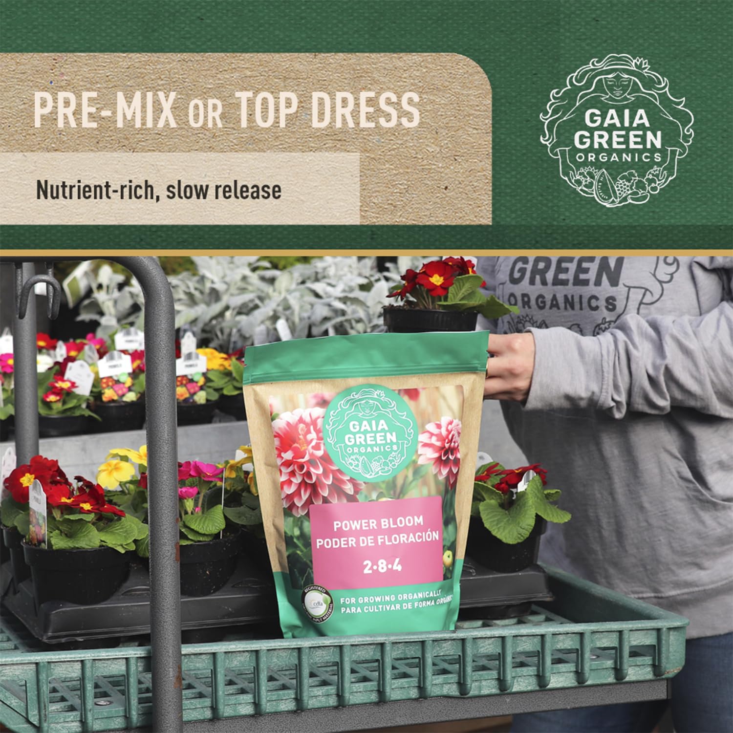 Gaia Green Power Bloom Organic Fertilizer in garden setting