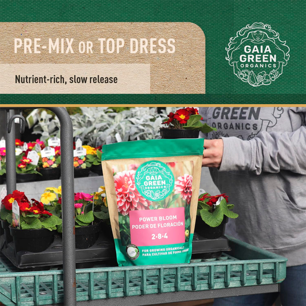 Gaia Green Power Bloom Organic Fertilizer in garden setting
