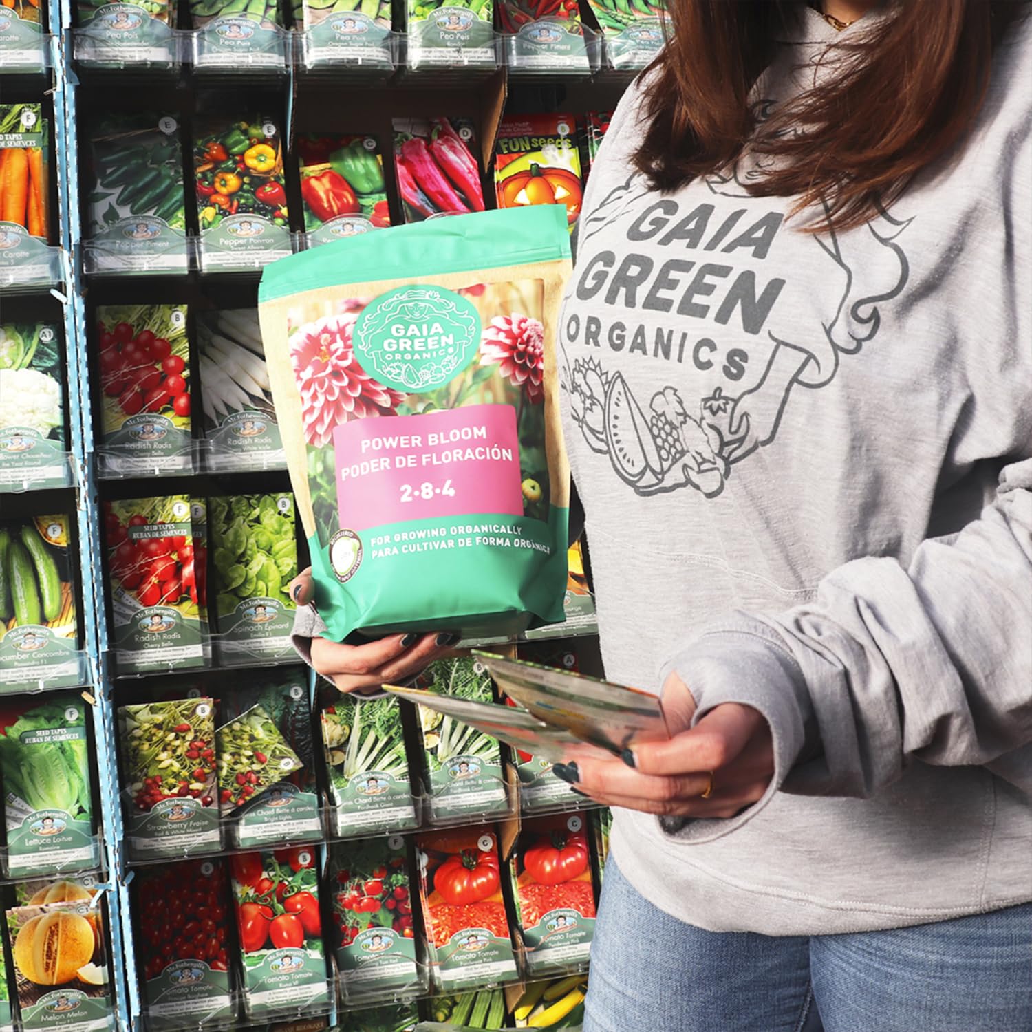 Gaia Green Power Bloom Organic Fertilizer in use on flower beds