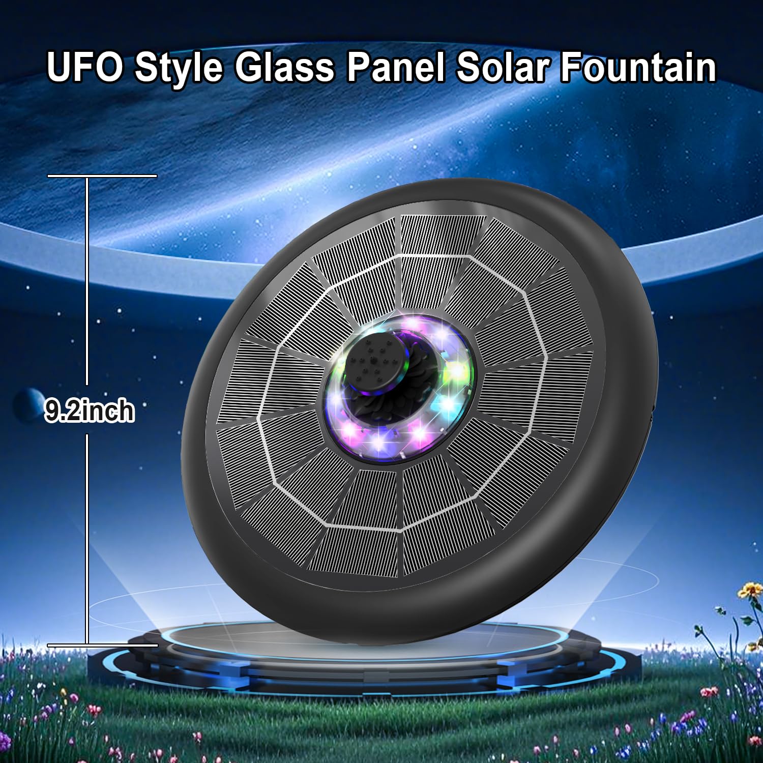 GAIZERL Solar Fountain showcasing interchangeable spray nozzles