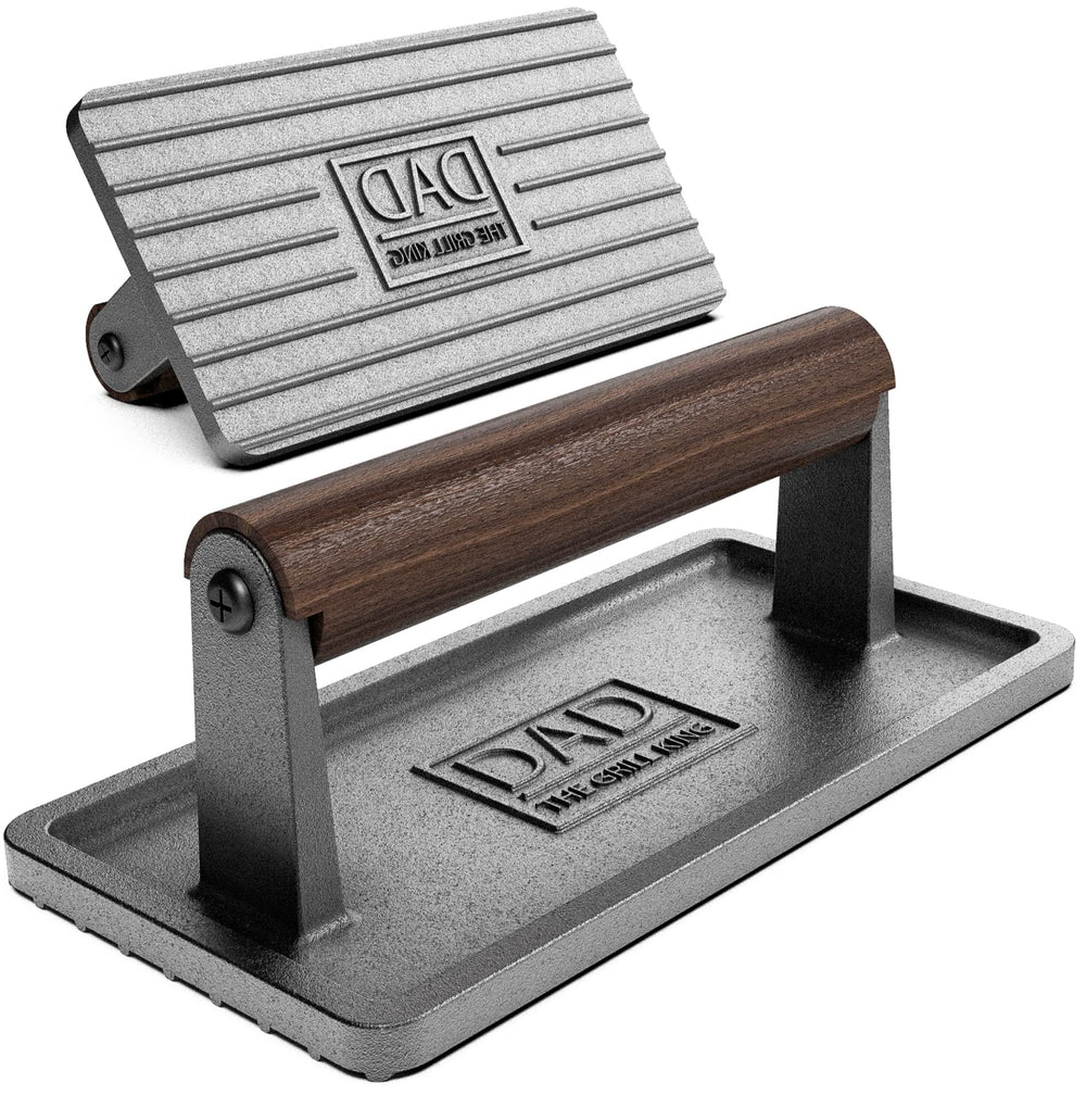 GALVANOX Cast Iron Grill Press front view with ergonomic wood handle