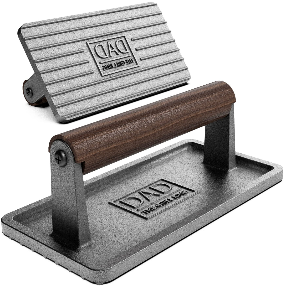 GALVANOX Cast Iron Grill Press front view with ergonomic wood handle