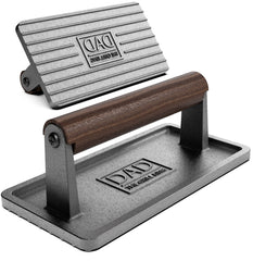 GALVANOX Cast Iron Grill Press front view with ergonomic wood handle