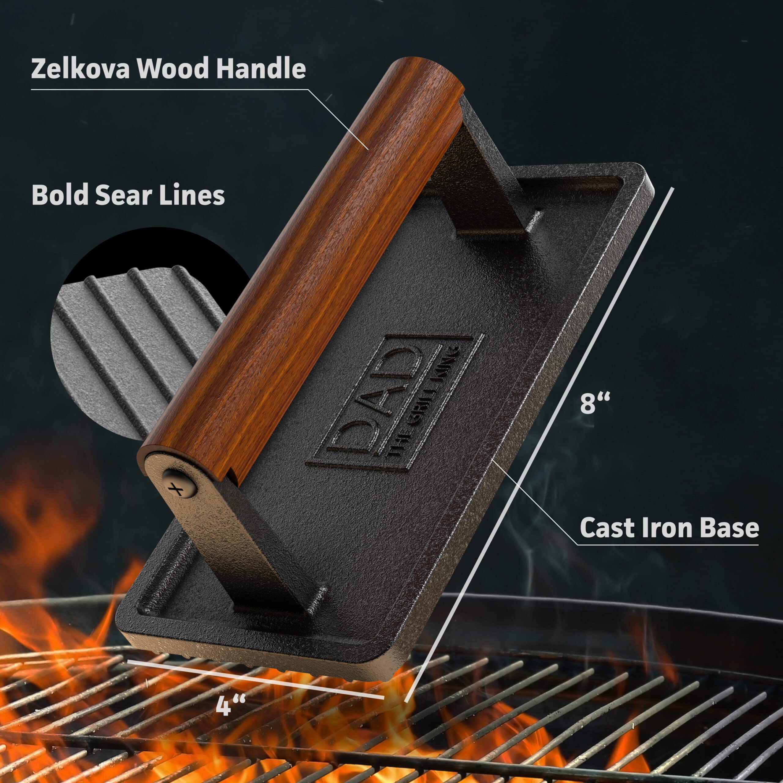 GALVANOX Cast Iron Grill Press in use with burgers on grill