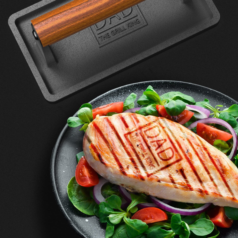GALVANOX Cast Iron Grill Press showing thick ridges for grill marks