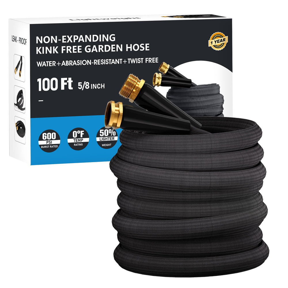 GAMSOD 100 FT garden hose front view, black color