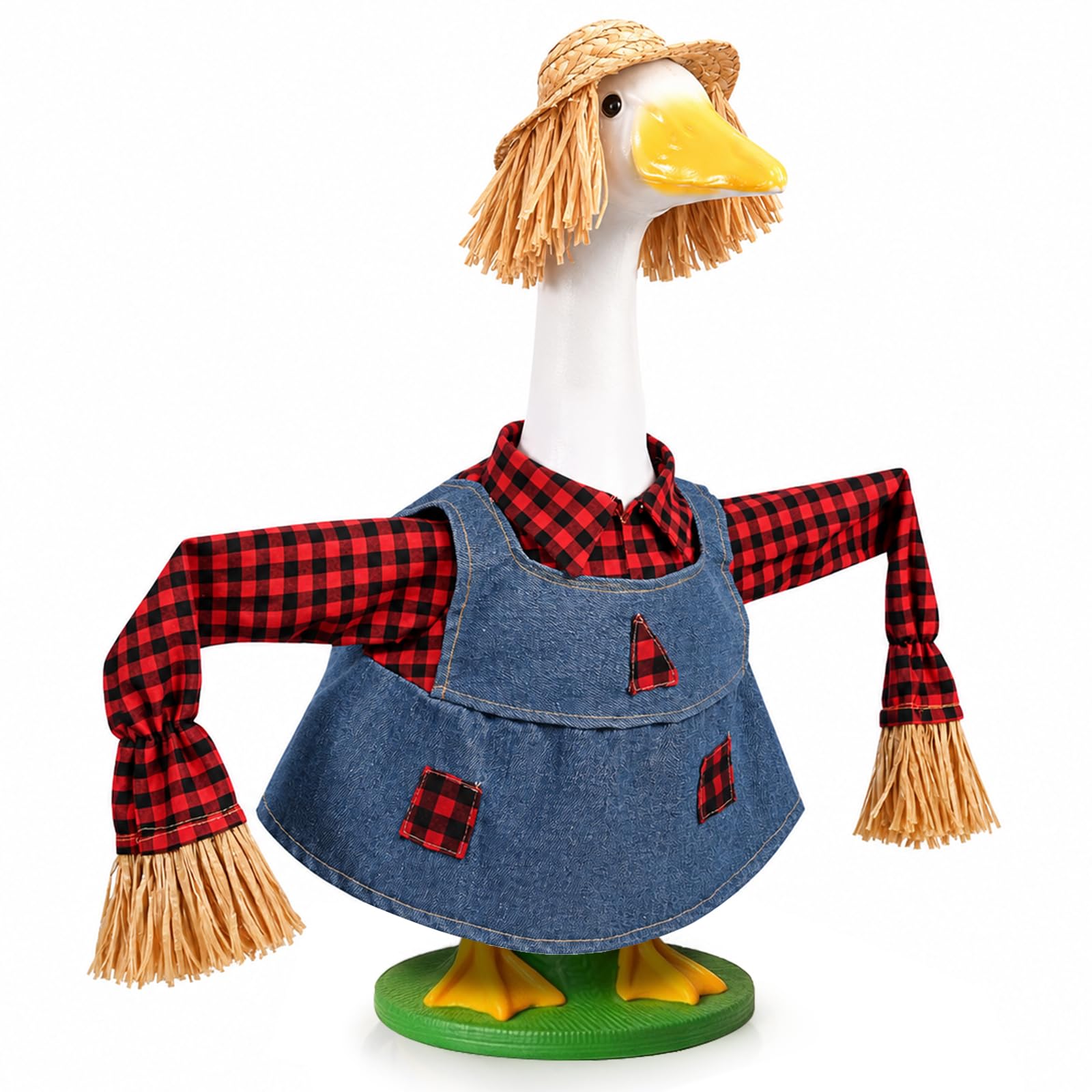 GANSHAYA Fall Porch Goose Outfit front view with scarecrow hat and plaid shirt