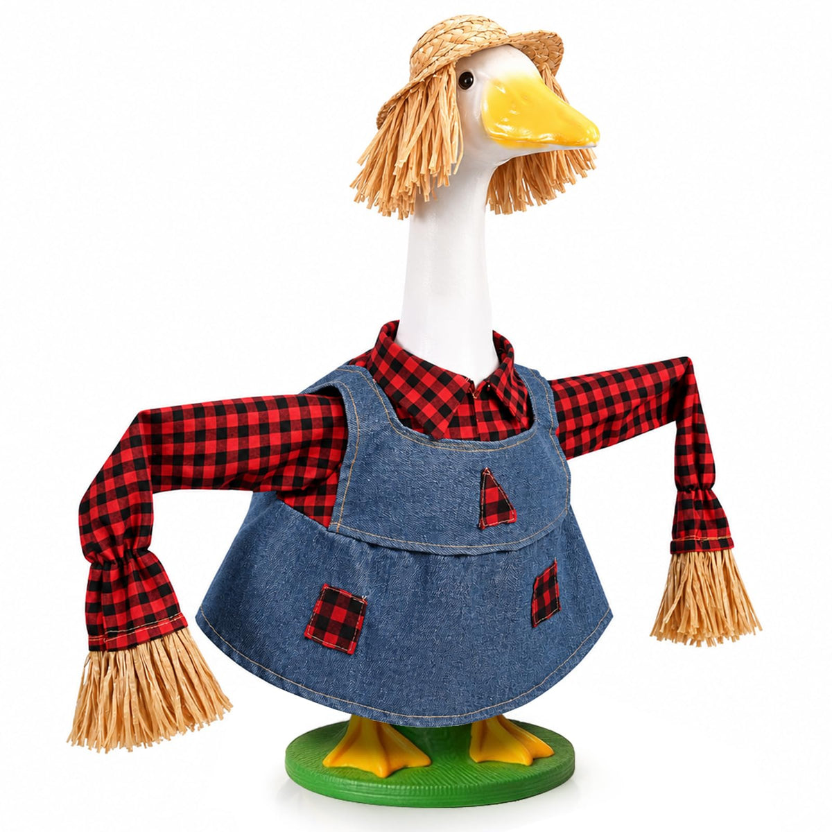 GANSHAYA Fall Porch Goose Outfit front view with scarecrow hat and plaid shirt