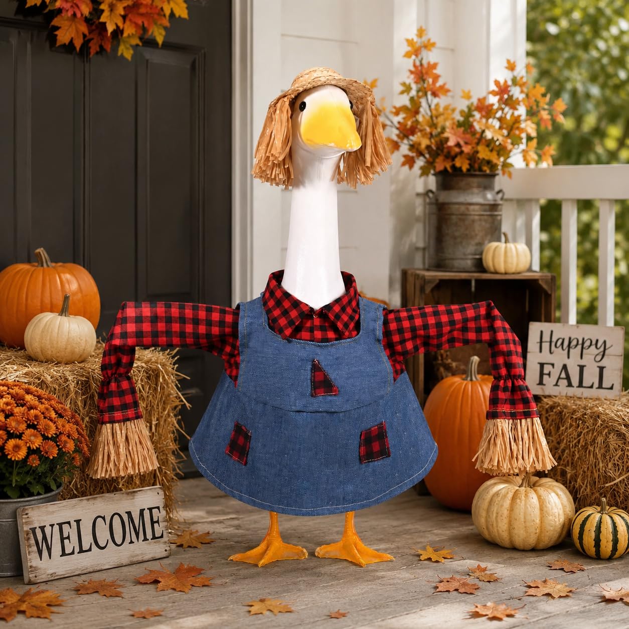 GANSHAYA goose outfit displayed on a porch with autumn leaves