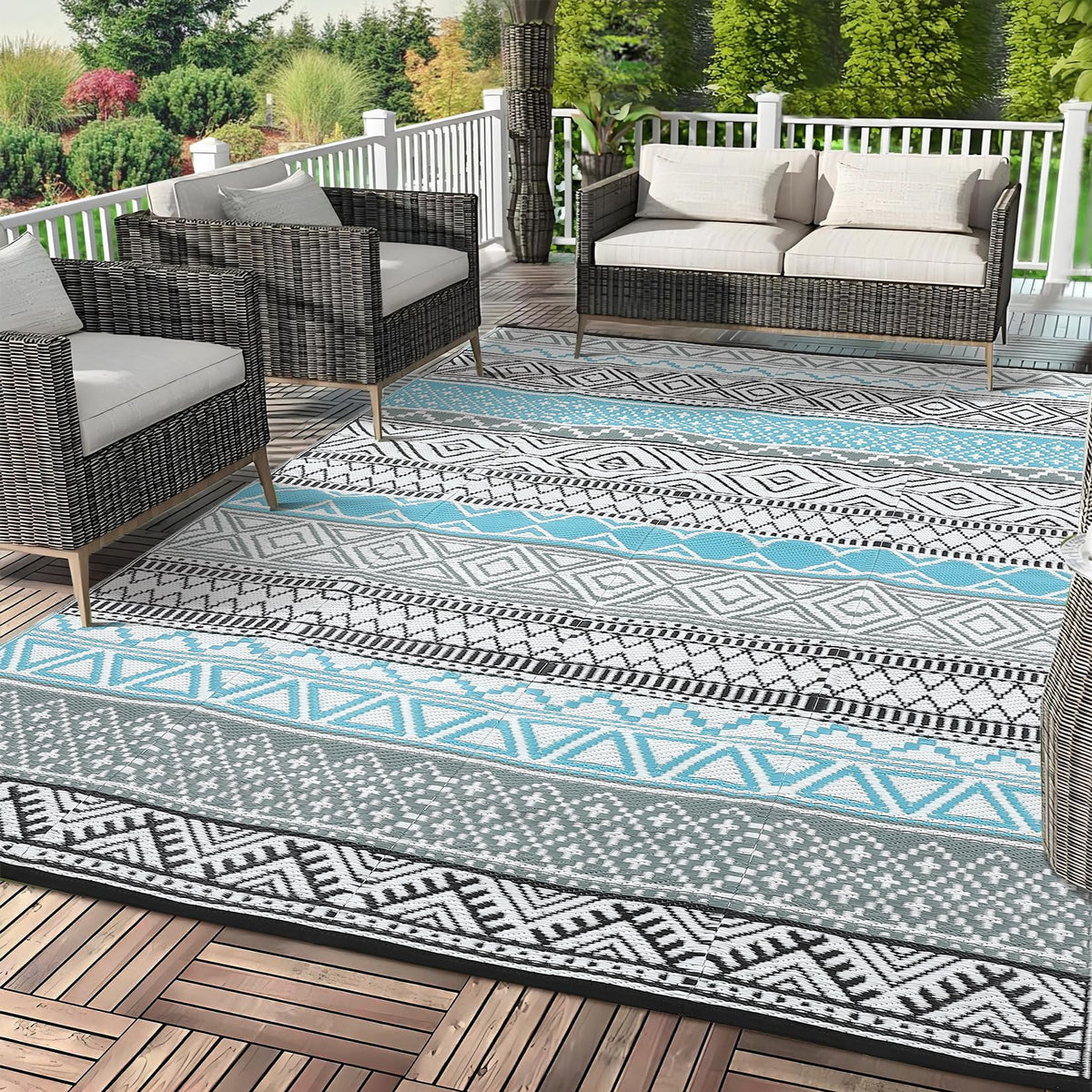 GAOMON Outdoor Rug 9x12 ft Bohemia-blue & grey front view