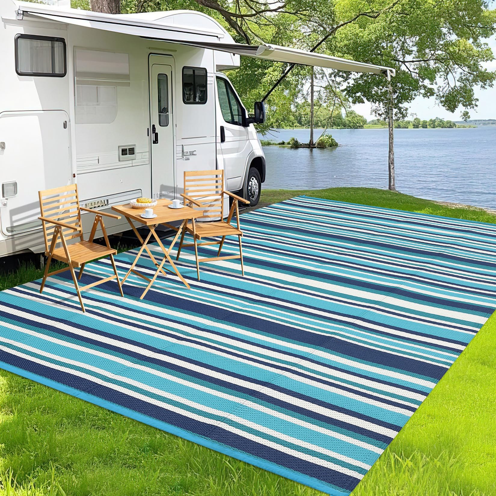 GAOMON outdoor rug light blue side view