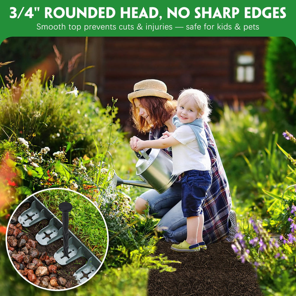 Garaook stakes in garden soil anchoring landscape fabric