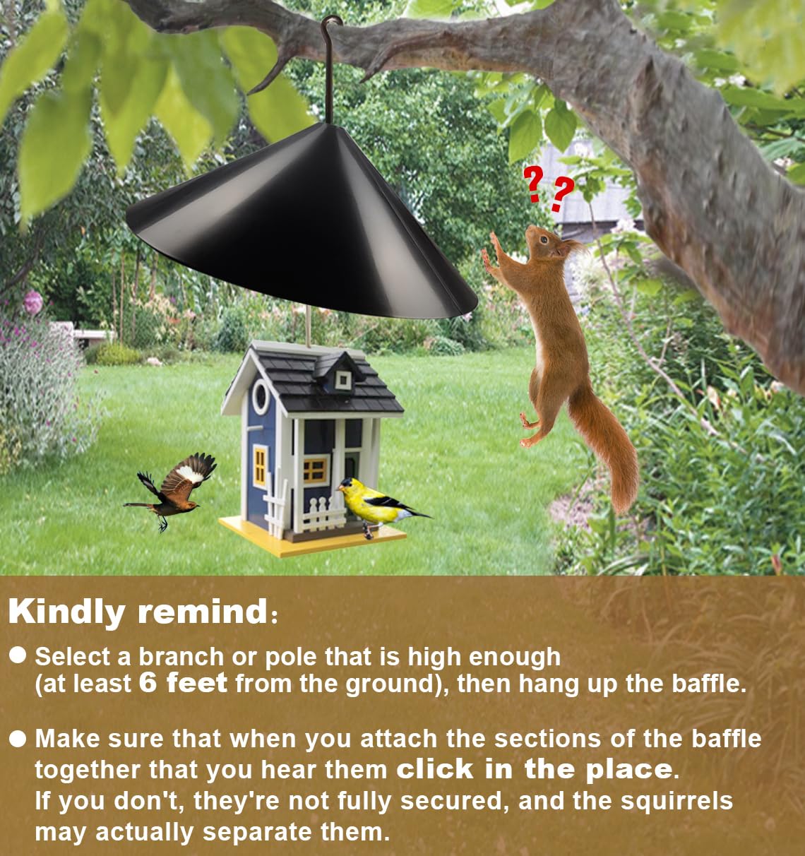 Garbuildman Squirrel Baffle in a garden setting protecting bird feeder