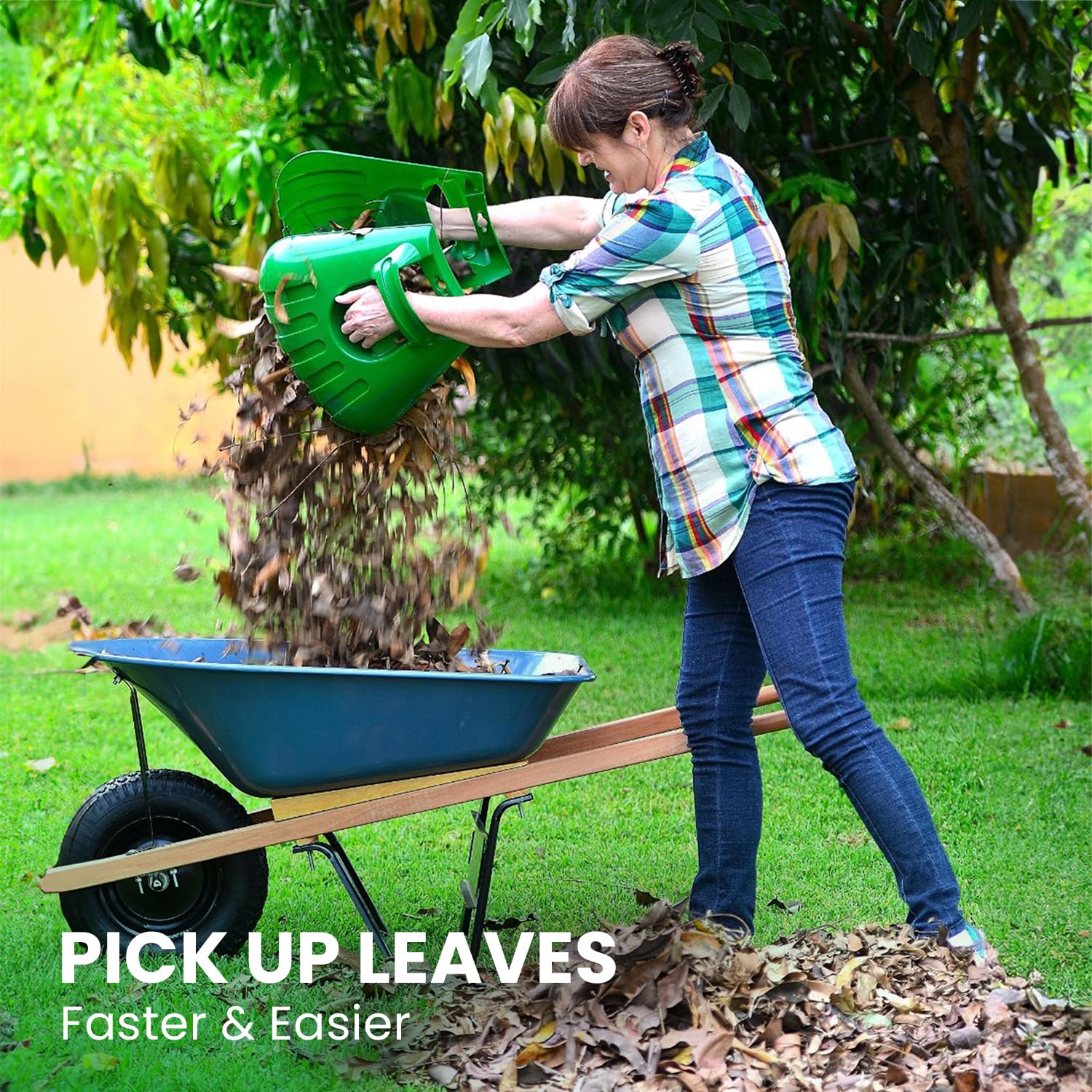GARDEASE Leaf Scoops in use gathering leaves in the garden