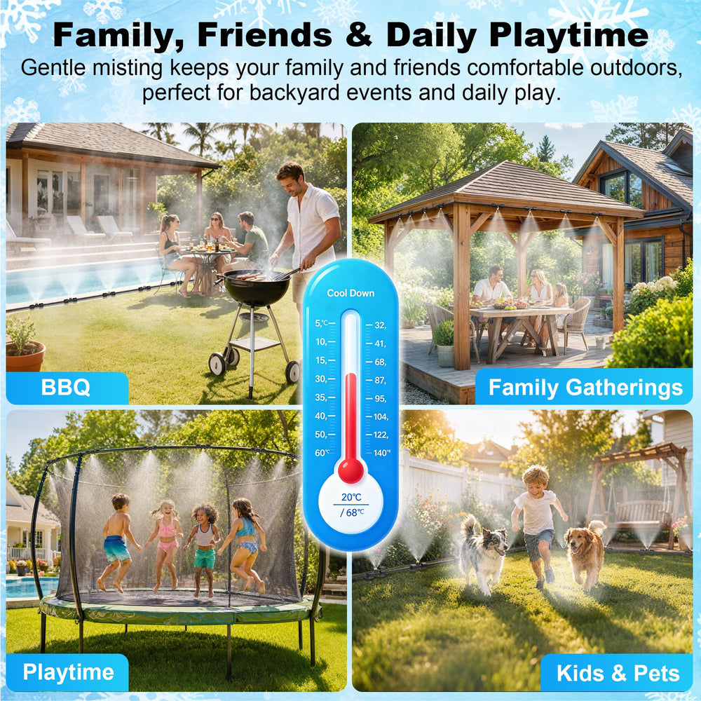 Garden area cooled by Thiswing 100FT misting system