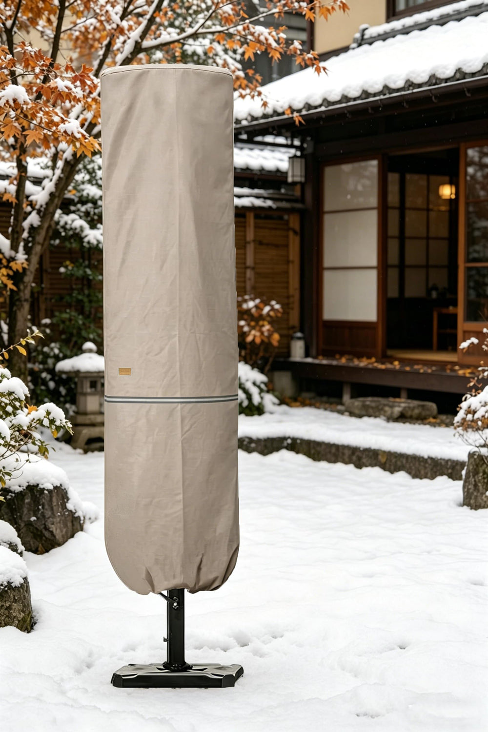 Garden Balsam umbrella cover in a garden setting