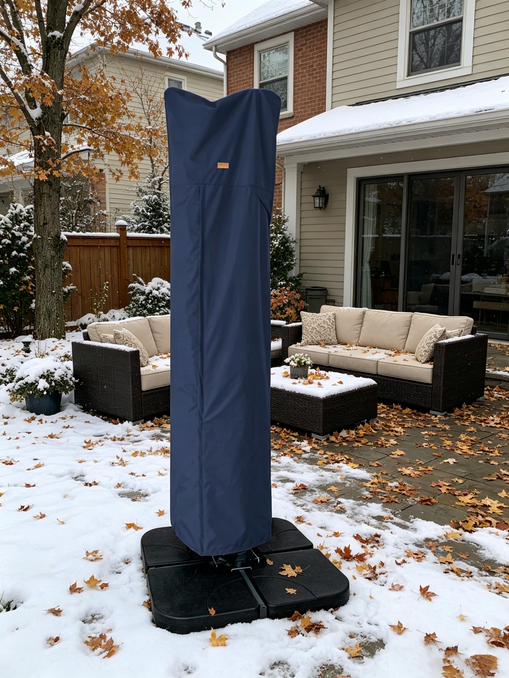 Garden Balsam umbrella cover with measurement guide
