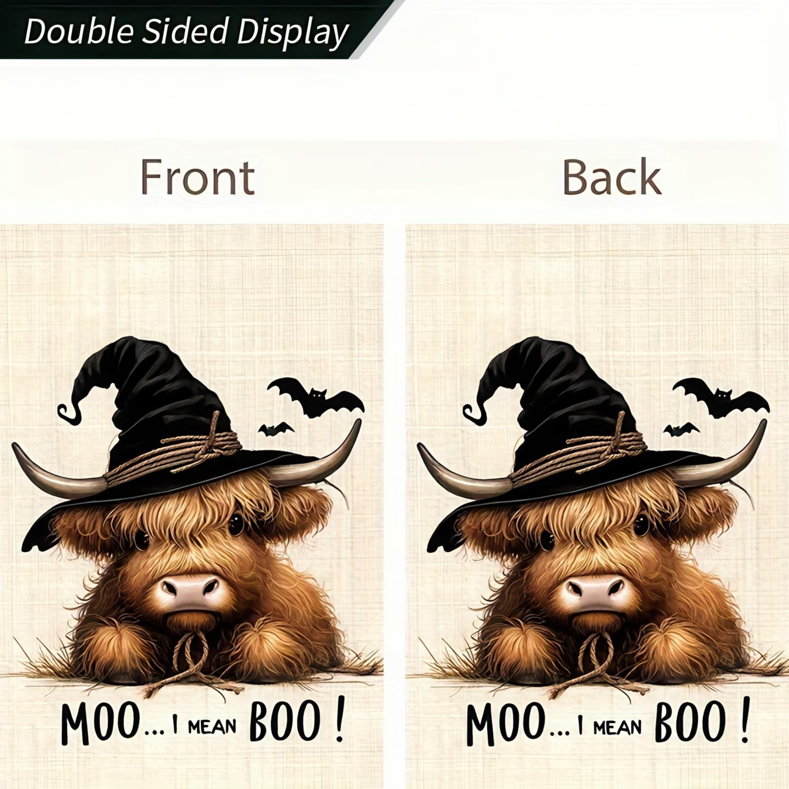 Garden flag featuring a Highland cow in a witch hat outdoors
