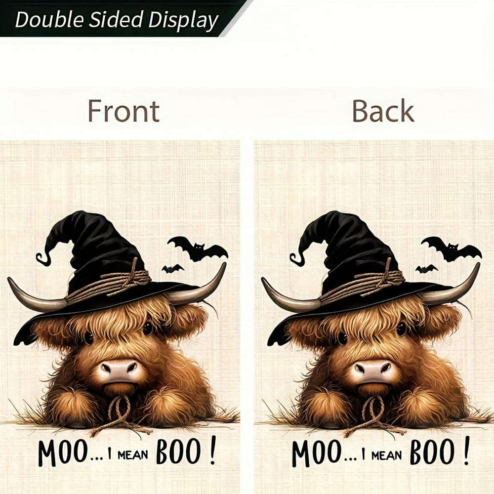 Garden flag featuring a Highland cow in a witch hat outdoors