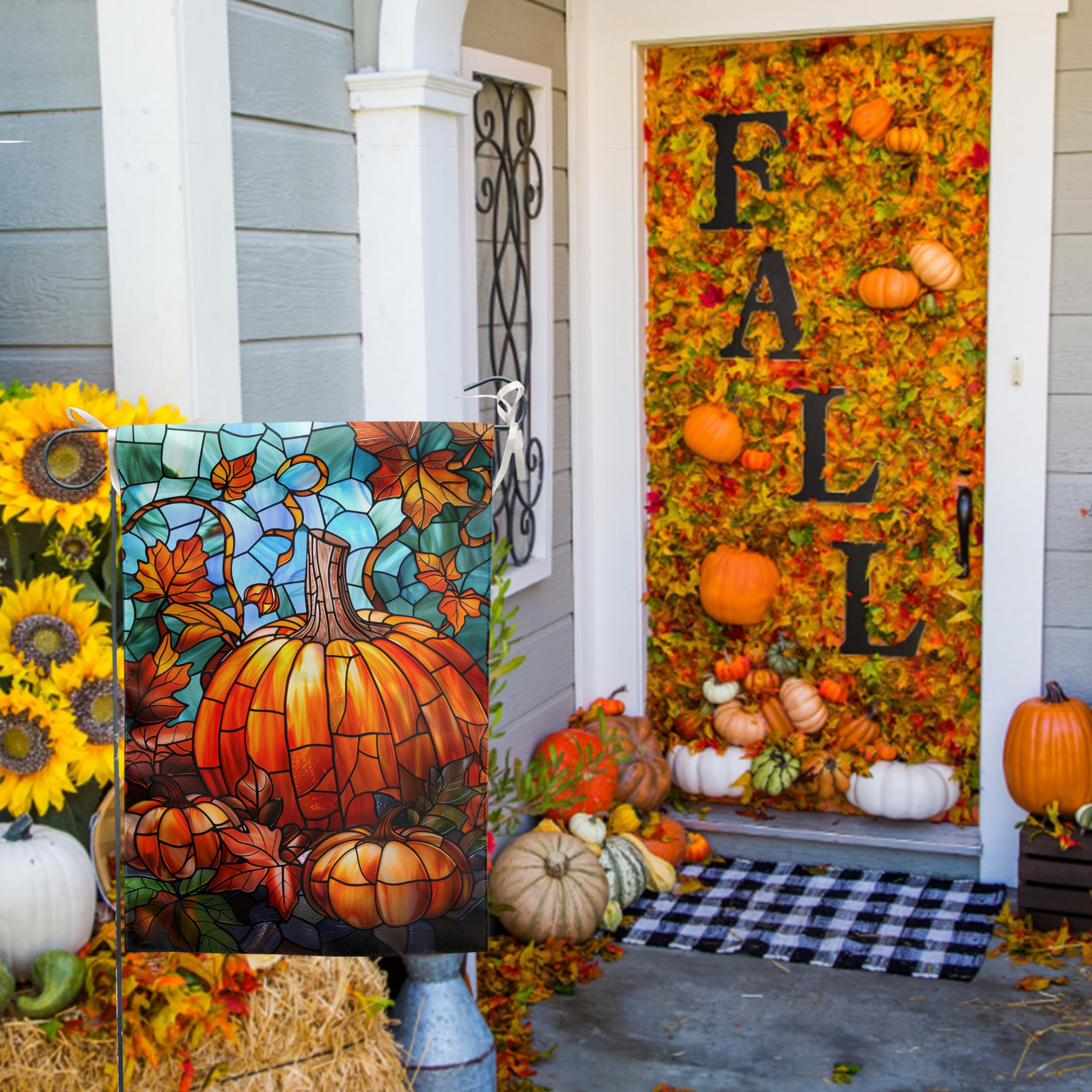 Garden flag holder with the Pumpkin Fall Garden Flag attached