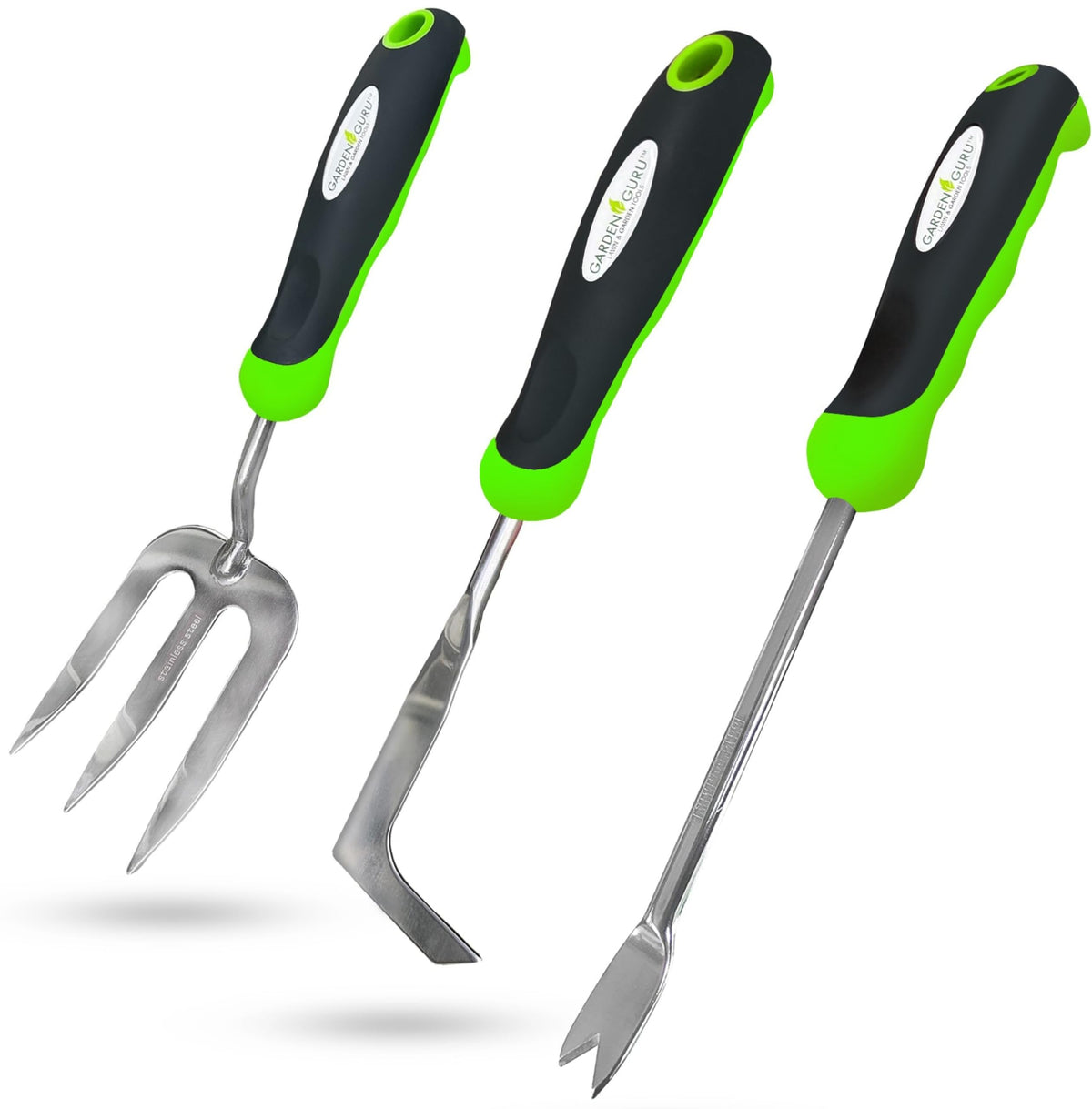 Garden Guru 3-piece stainless steel weeder tool set including dandelion weeder, fork, and patio weeder