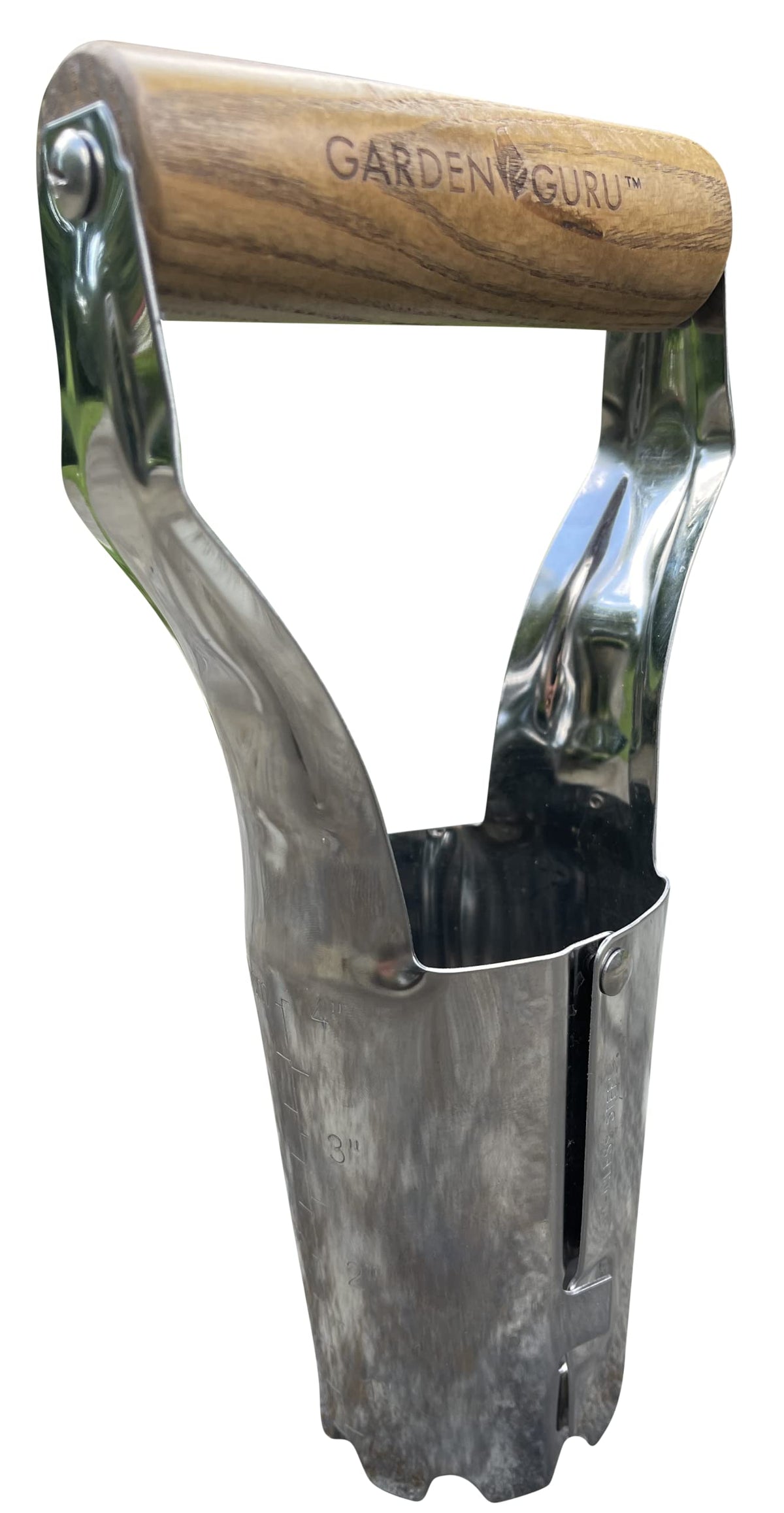 Garden Guru Bulb Planter front view with polished stainless steel and ergonomic handle