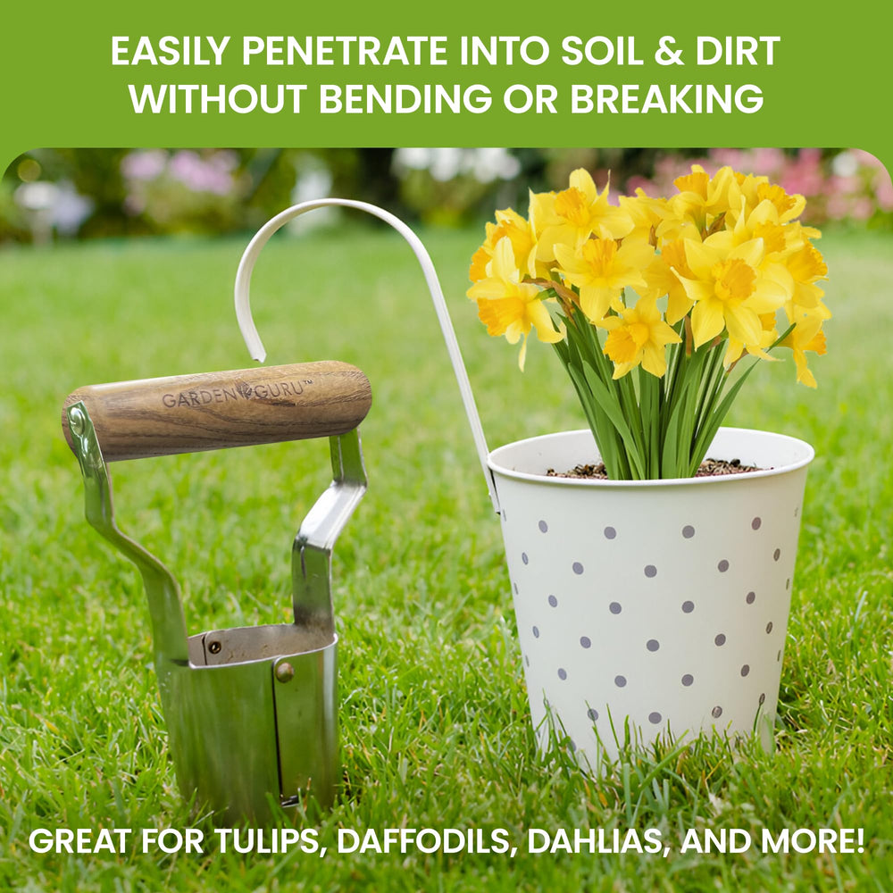 Garden Guru Bulb Planter showing depth markers on the stainless steel body