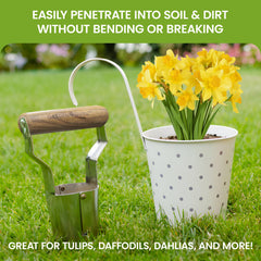 Garden Guru Bulb Planter showing depth markers on the stainless steel body